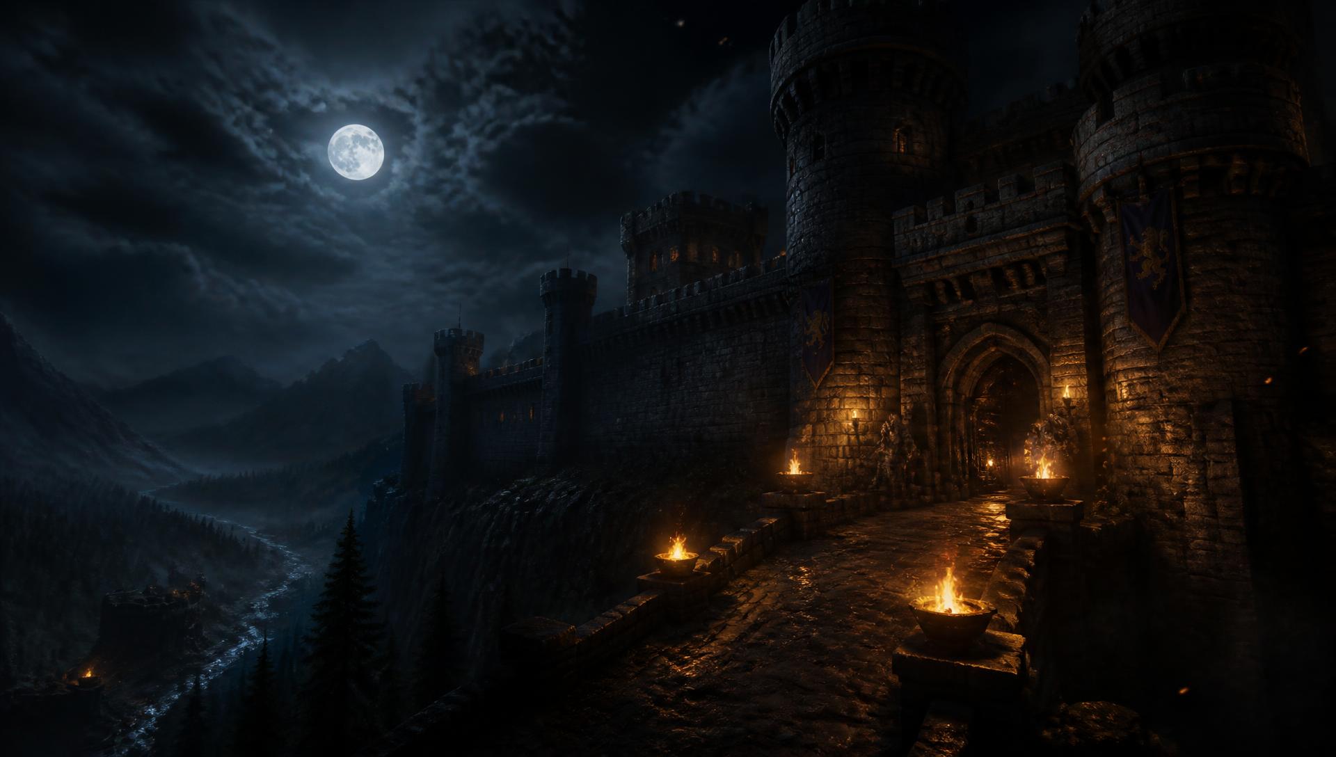 Torchlit medieval keep above a misty valley at night